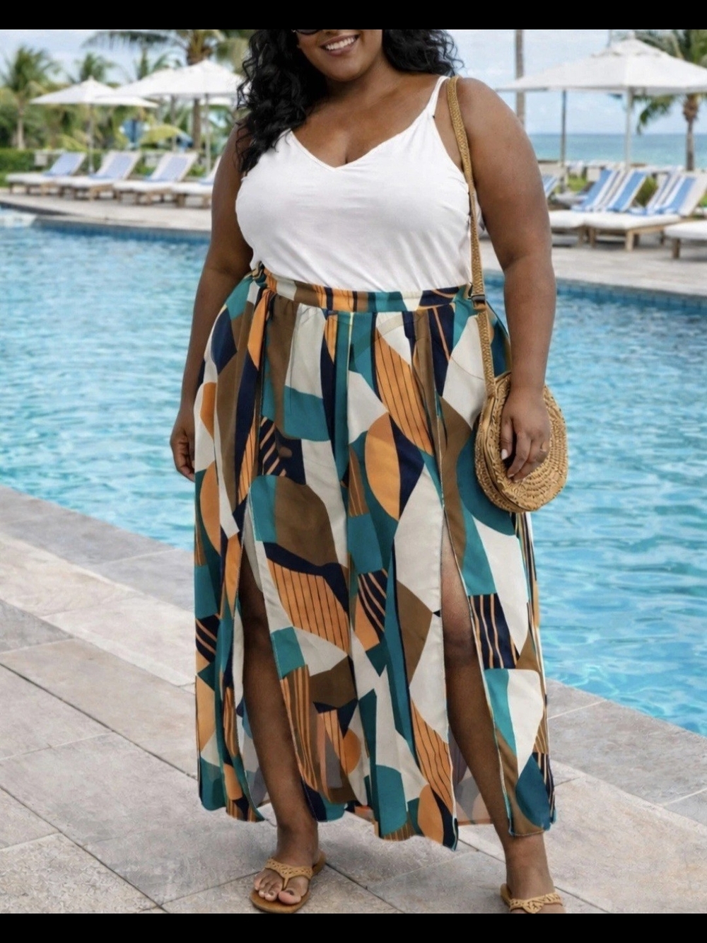 SHEIN Curve Plus Sz 3xl Summer  Geometric with Front Slits Wide Leg Pants